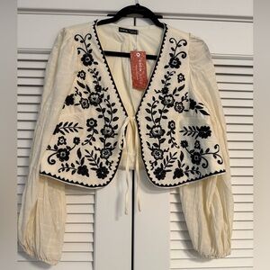 NWT Shein Cream and Black Embroidered Crop Jacket.